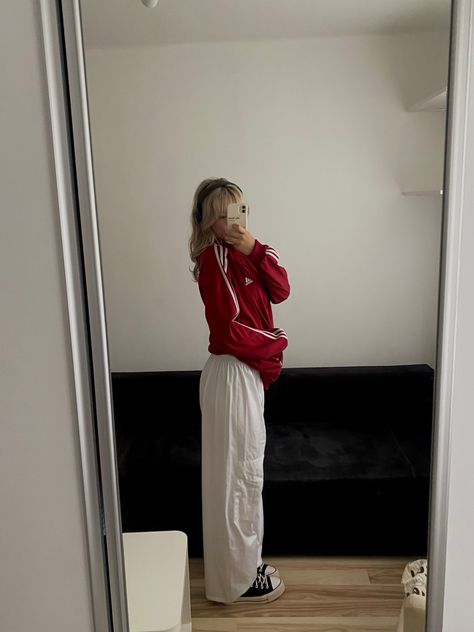 Red Adidas Jacket Outfit, Red Adidas Pants Outfit, Adidas Hoodie Outfit, Adidas Track Jacket Outfit, Red Adidas Outfit, Red Adidas Tracksuit, White Parachute Pants, Adidas Shirt Outfit, Adidas Jacket Outfit