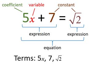 An explanation of Basic Algebra Terms and terminology: Operations, terms, variables, constants, coefficients, expressions, equations, and quadratic equations, functions, algebraic fractions, examples with step by step solutions, what is a constant, variable, what is a term in algebra, algebra vocabulary words and definitions Algebraic Fractions, Algebra Vocabulary, Algebra Notes, Math Terms, Algebraic Expression, Words And Definitions, Basic Algebra, Quadratic Equations, Teaching Algebra