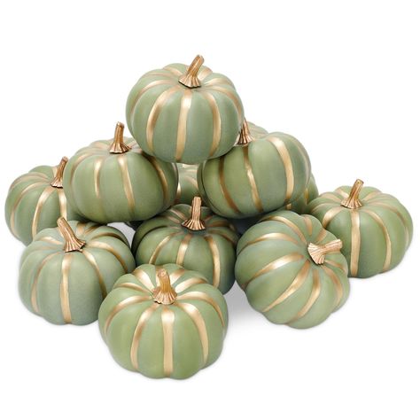 PRICES MAY VARY. You Will Get - The package comes with 12 pack artificial pumpkins, full of farm and countryside style, you can make combination at will, great for you to decoration. Autumn Design - The pumpkins are mainly designed with green color, with gold edges, vivid and realistic, can well decorate your home for the coming fall season and Thanksgiving holiday. Premium Quality - All of our fake pumpkins are made with premium foam material, lightweight and durable, soft and smooth, no discol Fake Pumpkins, Party Kitchen, Countryside Style, Peacock Decor, Artificial Pumpkins, Foam Pumpkins, Green Pumpkin, Autumn Halloween, Harvest Decorations