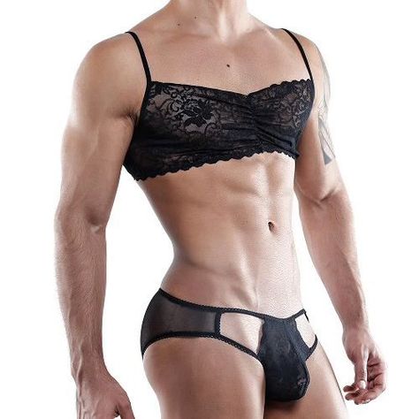 Male Lingerie, Lace Bra Top, Men In Heels, Queer Fashion, Mens Tights, Lingerie For Men, Bralette Tops, Bra Top, Black Laces