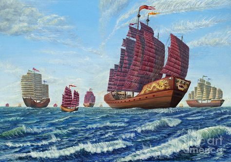 Chinese Ship Art, Sail Painting, Sailing Tattoo, Ireland Hiking, Sailing Logo, Sailing Aesthetic, Zheng He, Treasure Ship, Medieval Japanese