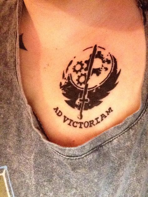 The Brotherhood of Steel by Robert Dark Raptor Tattoo Kilkenny Ireland Fallout 4 Tattoos, Brotherhood Tattoo, Fallout Tattoo, Steel Tattoo, Brotherhood Of Steel, Patriotic Tattoos, Nerd Tattoo, Military Tattoos, Symbol Tattoo