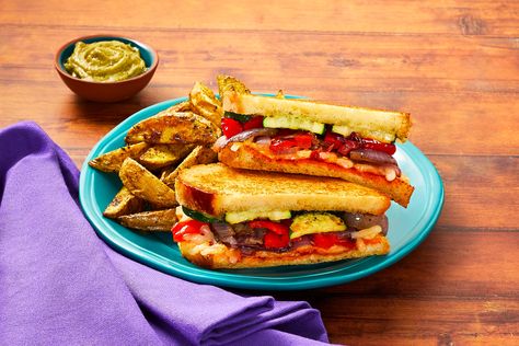 Veggie Sandwiches, Panini Recipes Chicken, Panini Recipe, Roasted Potato Wedges, Panini Recipes, Hello Fresh Recipes, Sauteed Zucchini, Roasted Red Pepper, Pork Tenderloin Recipes