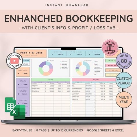 Enhanced Bookkeeping  | Google Sheets | Templates | Excel Templates | Free Google Sheets Template mealplannersheets #studygoalplanner #academicplanner😴 Excel Templates Free, Profit Tracker, Google Sheets Templates, Bookkeeping Spreadsheet, Client Tracker, Month Template, Budget Template Free, Profit And Loss, Profit And Loss Statement