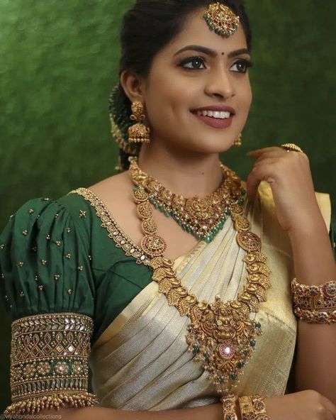 Pattu Blouse Back Designs, Trendy Bridal Blouse Designs, Puff Sleeves Maggam Work Blouses, Blouse Design For Marriage, Blouse Designs For Muhurtham, Uppada Saree Blouse Designs, Nath Embroidery Blouse Design, Pattu Blouse Designs Latest, Puff Sleeve Aari Work Blouse