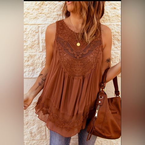 Babydoll Top W/ Lace Detail On Chest & Hem (5) Buttons On The Back Sleeveless Color/ Terracotta 95% Polyester 5% Elastane Womens Sleeveless Tops, Babydoll Style, Boho Lace, Color Marron, Vest Top, Lace Design, Boho Tops, Lace Tops, Blue Lace