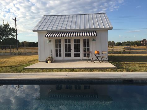 Stripe Awning, White Board And Batten, Striped Awning, White Pool, Bar Shed, James Hardie, Pool Cabana, Board And Batten, Pool Houses