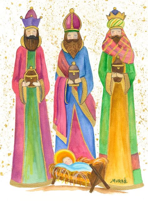 Watercolor Christmas card by Helene Murre aka Elaine Turowski The Three Kings, The Three Wise Men, 3 Kings, Nativity Scenes, Scene Drawing, Christmas Play, Christmas Card Art, Three Wise Men, Three Kings