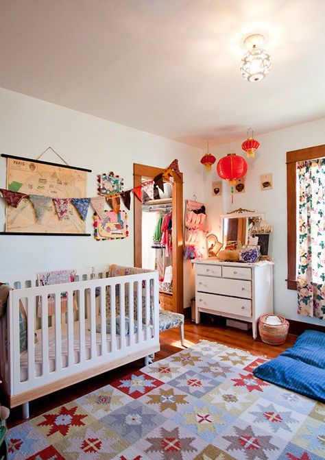 Penelope and Nathan's Full–Hearted Eclectic Eclectic Kids Room, Eclectic Nursery, Vintage Bunting, Mermaid Bedroom, Nursery Room Design, Baby Room Inspiration, Map Vintage, Nursery Room Inspiration, Shared Room