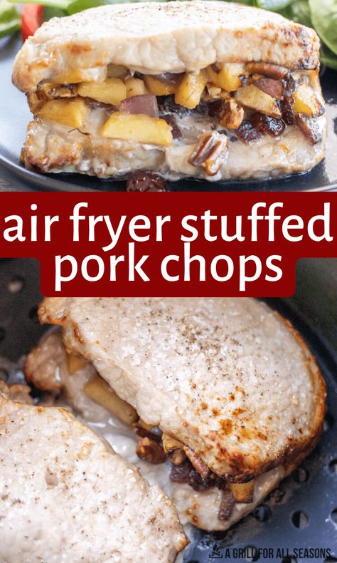 Get ready to love this recipe for Stuffed Pork Chops in the Air Fryer. If you're a fan of juicy pork chops loaded with extra flavor, this air fryer recipe is the best. Everyone will be fighting over those leftover pork chops after eating this great meal. Apple Stuffed Pork Chops, Pork Chops In Air Fryer, Leftover Pork Chops, Stuffed Pork Chops, Air Fryer Pork Chops, Diy Mixes, Homemade Stuffing, Apple Pork Chops, Leftover Pork