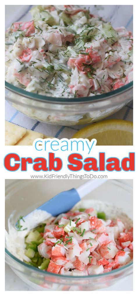 This delicious cold Crab Salad Recipe is an easy-to-make recipe. Made with imitation crab and delicious flavors like lemon juice, fresh green pepper, green onions, mayonnaise, and spices for a full-flavored salad. This recipe is perfect for being served on crackers as a dip or stuffed into hoagie rolls for a delicious seafood sandwich. www.kidfriendlythingstodo.com Cold Crab Salad, Cold Shrimp Pasta Salad, Immitation Crab Recipes, Seafood Sandwich, Crab Salad Sandwich, Cold Spaghetti Salad, Seafood Sandwiches, Cold Salad Recipes, Shrimp Pasta Salad