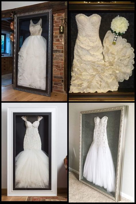 Display Wedding Dress At Home, Shadow Box Wedding Dress, Bridal Shadow Box Ideas, Wedding Dress Shadow Box Display, Wedding Dress Shadow Box Ideas, Preserving Wedding Dress, Wedding Dress Storage Ideas, Wedding Dress Display Ideas, Frame Wedding Dress