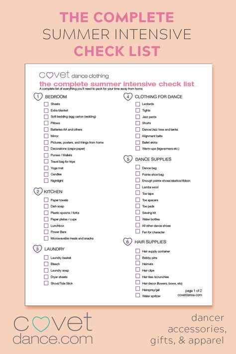 Covet Dance is here to relieve some of the stress of getting ready to go to your Summer Dance Camp. Print out our handy list while packing your bags to double check you have absolutely everything you need for your time away from home. This way you will be able to focus on your dancing and making new friends and not be bothered with trying to replace something you forgot to pack. Check out our blog to download a printable version of the Complete Summer Intensive Check List. Summer Dance Intensive, Summer Intensive Ballet, Ballet Summer Intensive, Cincinnati Ballet, Dance Intensive, Dance Lifestyle, Summer Intensive, Ballet Stuff, Random Dance