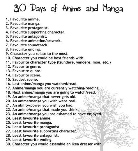 30 days of anime and manga Anime Challenge List, Anime Watch List Challenge, Edit Challenge Anime, 30 Day Anime Edit Challenge, Anime Checklist To Watch, Websites To Watch Anime, 12 Episode Anime List, Novel Tips, Oc Template