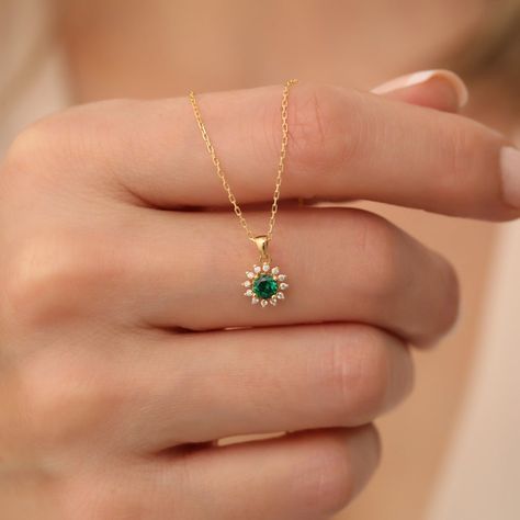 Buy Real Diamond Round Emerald Necklace 14K Solid Gold, May Birthstone Necklace, Perfect Gift for Mother's Day Girlfriend Wife Online in India - Etsy Emerald Gold Necklace, Unique Pendant Necklace, Gold Pendant Jewelry, Solid Gold Necklace, Gold Chains For Men, May Birthstone, Emerald Necklace, Silver Jewelry Fashion, Diamond Carat