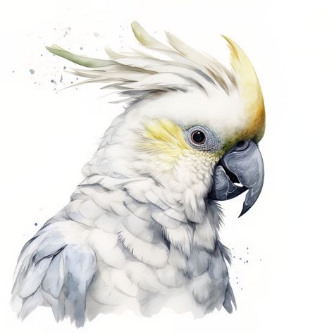 Fish In Watercolor, Cockatoo Drawing, Cockatoo Tattoo, Watercolor Parrot Painting, Cockatoo Painting, Bird Digital Art, Cockatoo Art, Cockatoo Bird, Bird Portrait