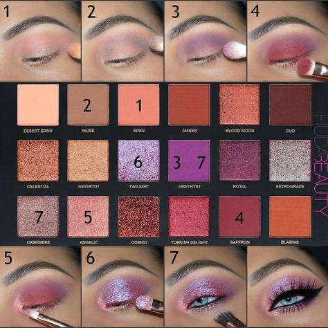 Huda Beauty Dessert Dusk Makeup Ideas Step By Step, Huda Beauty Eyeshadow, Huda Beauty Desert Dusk, Makeup Pictorial, Huda Beauty Makeup, Hacks Beauty, Eye Makeup Steps, How To Apply Eyeshadow, Eye Makeup Tips