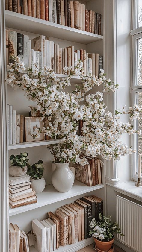 Library White Bookshelves, White Library Aesthetic, White Bookshelf Aesthetic, Pretty Bookshelves, Bookshelves Aesthetic, Recipe Planner, Bookshelf Aesthetic, White Bookshelves, Earthy Home