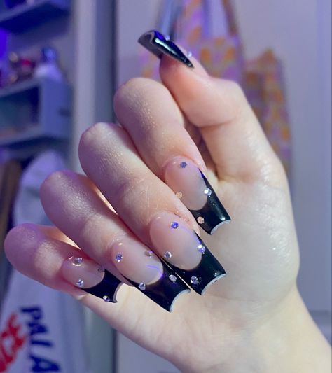 Black Tips Nails With Gems, Black French With Gems, Black Acrylic Nails Coffin Short, Black French Tip With Gems, Black French Nails With Design, French Tip With Gems, French Tip Nails With Gems, Black Acrylic Nail Designs, Nails 23