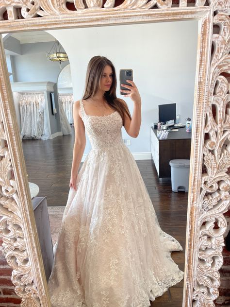 Ivory over Blush square neck ballgown. Layered with tulle and chantilly lace Square Neck Plus Size Wedding Dress, Square Neck Wedding Dress, Dressy Dress, Lace Ball Gowns, Maggie Sottero, Dressy Dresses, Chantilly Lace, Plus Size Wedding, Wedding Things