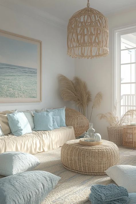 A beautifully styled living space showcasing timeless Coastal Grandmother home decor emphasizing casual charm and beach vibes using natural materials. Coastal Grandma Living Room, Coastal Grandmother Home, Colorful Beach House Decor, Cozy Coastal Cottage, Beachy Living Room, Grandmother Style, Coastal Grandmother Aesthetic, Coastal Aesthetic, Coastal Grandmother