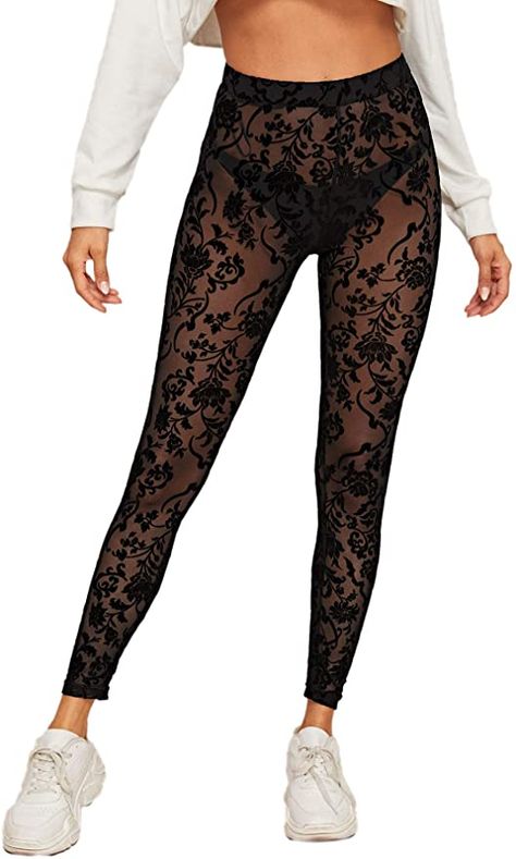 SweatyRocks Women's Floral Sheer Mesh Leggings Stretchy High Waist Pants at Amazon Women’s Clothing store Maneskin Concert, Sheer Leggings, Metallic Pants, Concert Outfits, Bodysuit Top, Mesh Leggings, Punk Rock Fashion, High Waist Pants, M F