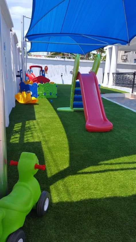 kids play ground outdoors ideas Artificial Grass Play Area, Playhouse Ideas Outdoor, Creche Design, Kids Playhouse Ideas, Tyre Garden, Kids Garden Play Area, Daycare Room Design, Old Tyres, Daycare Playground