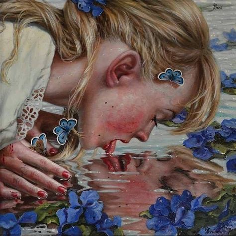 A Girl, Water, Flowers, Blue