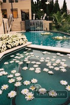 flowers in fountain/pool Backyard Wedding Pool, Pool Wedding Decorations, Backyard Party Decorations, Wedding Pool Party, Pool Wedding, Pool Party Decorations, Floating Flowers, Pool Decor, Backyard Party