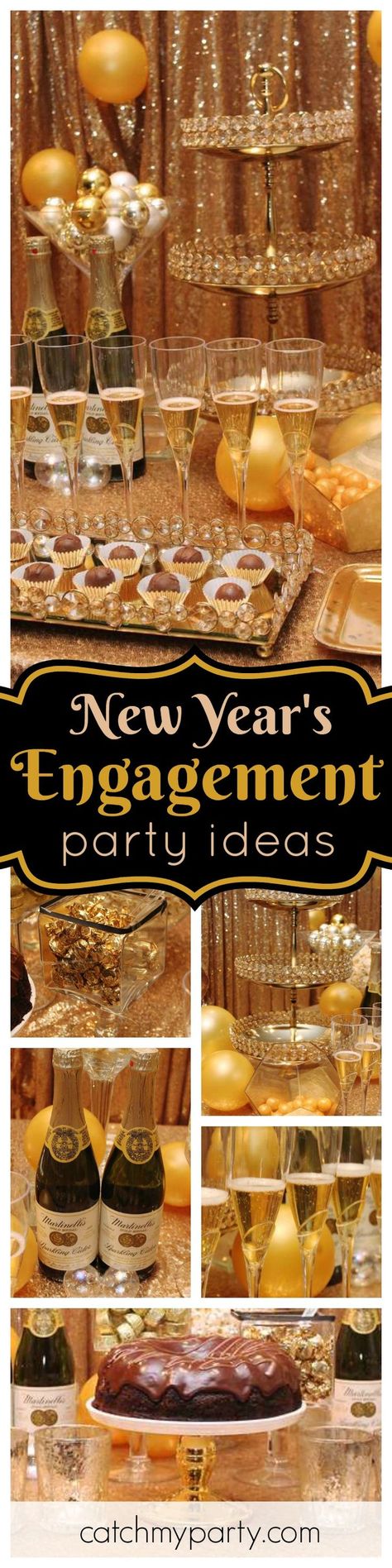 Raise a glass to the happy couple at this fabulous New Years Engagement party! The sparkly gold dessert table and backdrop are amazing!! See more party ideas and share yours at http://CatchMyParty.com New Years Engagement, Engagement Planner, Gold Dessert Table, Engagement Theme, Cubicle Decorations, Wedding Couple Table, Nye 2023, Engagement Themes, Winter Invitations