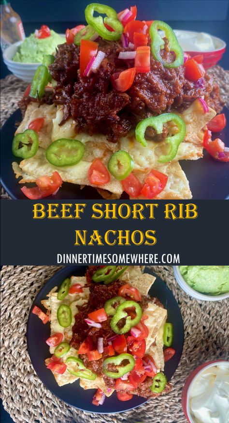 two photos of beautiful Beef Short Rib Nachos Nacho Recipe, Short Rib, Nachos Recipe, Beef Short Ribs, Short Ribs, Mexican Style, Nachos, Tasty Dishes, Healthy Food