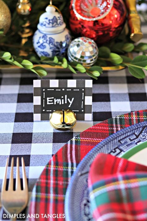 BLUE AND WHITE, GINGHAM, AND PLAID CHRISTMAS TABLESCAPE - Dimples and Tangles Lake Christmas, Tablescapes Christmas, Dimples And Tangles, Tartan Plaid Christmas, Entertaining Tablescapes, Striped Candles, Chirstmas Decor, Chinoiserie Christmas, Christmas Spectacular