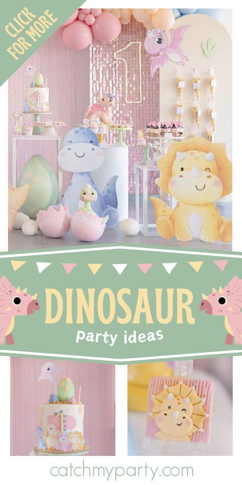 Check out this cute dinosaur-themed birthday party! The dessert table is so cute! See more party ideas and share yours at CatchMyParty.com Dinosaur Birthday Party For A Girl, Dino Girl Party, Girly Dinosaur Party, Girl Dinosaur Birthday Party, Girls Dinosaur Birthday, Dino Birthday Cake, Dinosaurs Birthday, Girl Dinosaur Birthday, Girls Birthday Party Themes