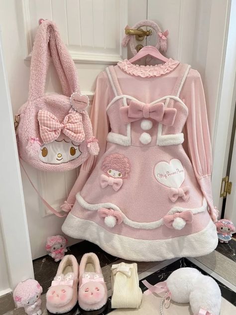 Pink My Sweet Piano Patch Pompom Bowknots Winter Dress Sweet Lolita JSK Pink Outfits Ideas Winter, Kawaii Core Outfit, Yume Kawaii Fashion, Cutecore Outfit, Sanrio Collaboration, Cute Pastel Outfits, Sanrio Outfits, Sanrio Fashion, My Sweet Piano