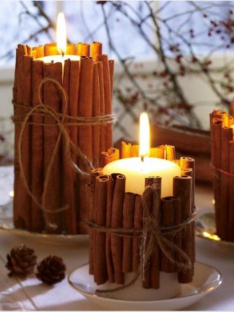 Christmas Candle Holders Diy, Cinnamon Stick Candle, Fall Candle Decor, Owl Baby Shower Theme, Christmas Candles Diy, Diy Jul, Thanksgiving Decorations Diy, Christmas Table Centerpieces, Christmas Centerpieces Diy