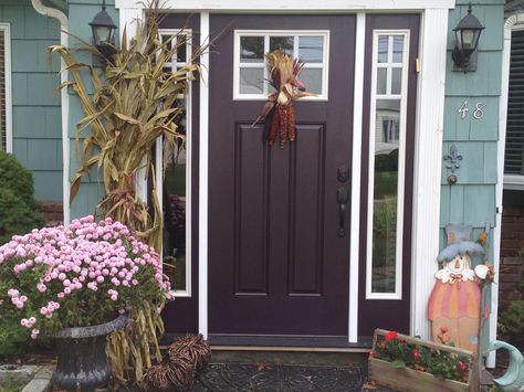 I Always wanted an eggplant-colored front door. Finally found the perfect aubergine...Dark Basalt by Benjamin Moore. LOVE! Dark Basalt Benjamin Moore, Aubergine Front Door, Dark Plum Front Door, Eggplant Front Door, Dark Purple Front Door, Plum Front Door, Eggplant Paint Color, Paint Your Front Door, Purple Front Doors