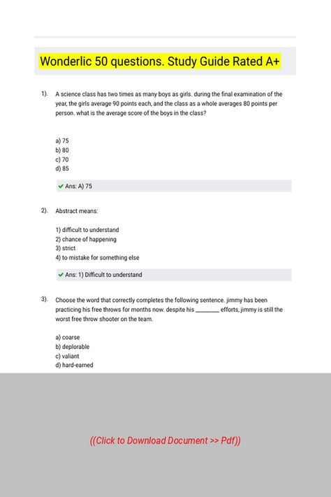 Wonderlic 50 questions Study Guide Rated A 
 Follow Link above to Download the document (pdf) Wonderlic Study Guides, Final Examination, 50 Questions, Study Guides, Homework Help, Study Guide, Homework, 50 %, Thing 1