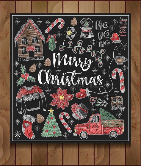 Blackboard Illustration, Christmas Chalkboard Art, Merry Christmas Calligraphy, Plank Art, Blackboard Art, Chalk Sign, Chalkboard Decor, Chalkboard Drawings, Colored Chalk