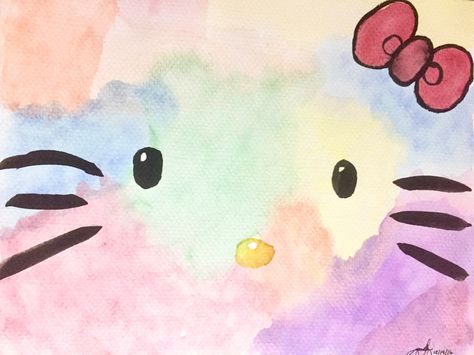 Hello Kitty Watercolor Painting, Watercolor Hello Kitty, Hello Kitty Watercolor, Kitty Watercolor, Diy Hello Kitty, Rainbow Watercolor, Rainbow Abstract, Some Ideas, Painting & Drawing