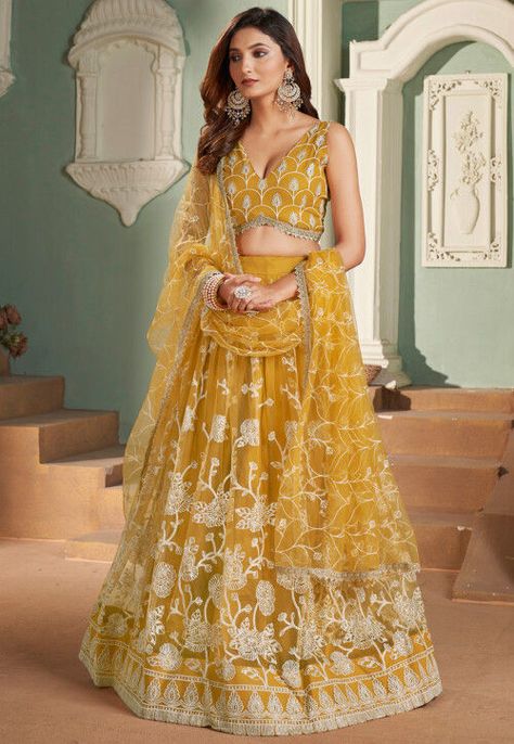 Embroidered Net Lehenga in Mustard : LHT95 Chaniya Choli Cotton, Haldi Ceremony Dress, Lehenga For Haldi, Yellow Lehenga For Haldi, Umbrella Lehenga, Sequence Lehenga, Lehenga Choli Designs, Bridesmaid Lehenga, Butterfly Net