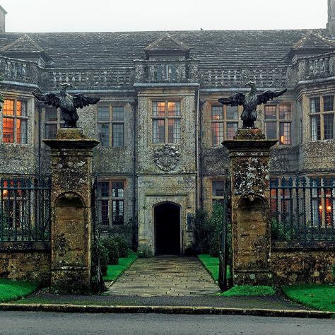 A view of the main façade of Mapperton Dorset voted Britains Finest Manor House by Country Life in 2006. Mapperton is now home to John Montagu 11th Earl of Sandwich whose family through marriage once came to own almost 4000 acres of land in County Limerick. I shall be speaking about Mapperton and many similar properties - in a talk Romantic English Homes hosted by the Royal Oak Foundation at the Fund for American Studies New Hampshire Ave NC Washington D.C. at 7pm next Monday October 30th and sh 1920s Manor House, Mapperton House Interior, Slytherin Office, Rooksgrave Manor, Blockburg House, English Manor Houses Interior, Wizard Aesthetic, Earl Of Sandwich, Writing Aesthetics