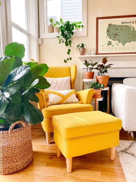 Yellow Arm Chair Living Room, Bedroom Mustard Accents, Ikea Strandmon Chair Yellow, Yellow Strandmon, Yellow Armchair Living Room, Ikea Yellow Chair, Yellow Chair Living Room, Strandmon Ikea, Strandmon Chair