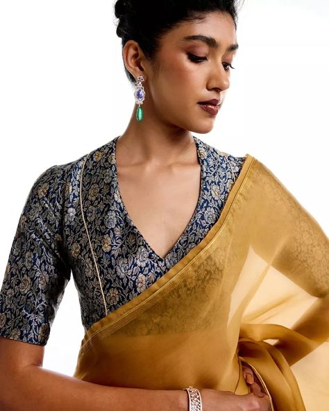 Radiant versatility. Embrace the sun-kissed glow of the yellow gold Triveni saree, perfectly paired with opulent brocade blouses in deep hues. Experience the luxurious allure of Tilfi's craftsmanship. Jewelry courtesy: @thehouseofrose #Tilfi #TilfiSarees #TilfiIcons Luxury Brocade Pre-draped Saree For Diwali, Festive Brocade Pre-draped Saree With Unstitched Blouse, Diwali Brocade Pre-draped Saree, Transitional Brocade Saree With Unstitched Blouse, Gold Brocade Saree With Unstitched Blouse, Brocade Blouse Designs, Simple Saree Designs, Traditional Blouse Designs, Brocade Blouses