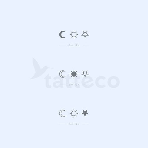 Sun Moon Stars Mother Daughter Tattoo, Moon Star Sun Tattoo Best Friends, Star Moon Sun Tattoo Friends, Small Tattoos For 3 Best Friends, Three People Tattoos Ideas, Sun Moon Star Tattoo Friends, Star Moon And Sun Tattoo, Sun Moon And Stars Tattoo Best Friends, Moon Star Sun Tattoo