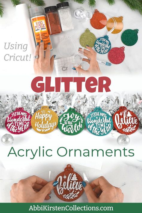 Diy Painted Ornaments, Diy Glitter Ornaments, Vinyl Christmas Ornaments, Acrylic Projects, Cricut Ornaments, Vinyl Ornaments, Colorful Crafts, Glitter Ornaments Diy, Cricut Christmas Ideas