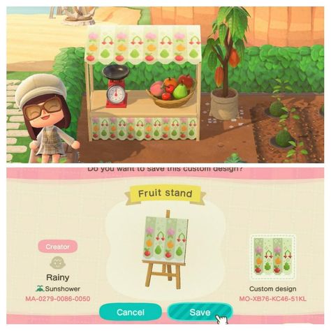 Acnh Fruit Stand, Acnh Fruit, Stall Decorations, Fruit Stall, Fruit Animals, Moss Plant, Fruit Stand, Animal Crossing Wild World, Qr Codes Animal Crossing