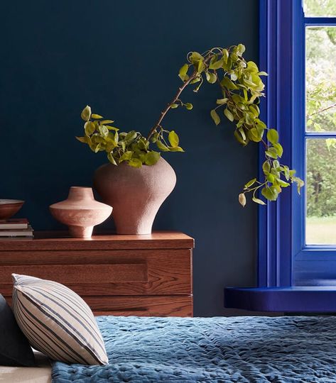 Introducing ‘Double Drenching’ | Little Greene Blue Colour Drenched Bedroom, Hicks Blue Little Greene, Double Drenching, Colour Drenching Bedroom, Victorian Paint Colors, Colour Drenching, Interior Paint Finishes, Colourful House, Red Shutters