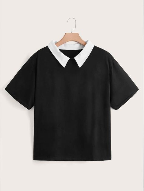 Black Casual Collar Short Sleeve Polyester Colorblock  Embellished Non-Stretch Summer Plus Size Tops White Collared Shirt Outfit, White Collared Shirt, Summer Plus Size, Collar Tshirt, Contrast Collar, Teen Fashion Outfits, Plus Size T Shirts, White Collar, Black Casual