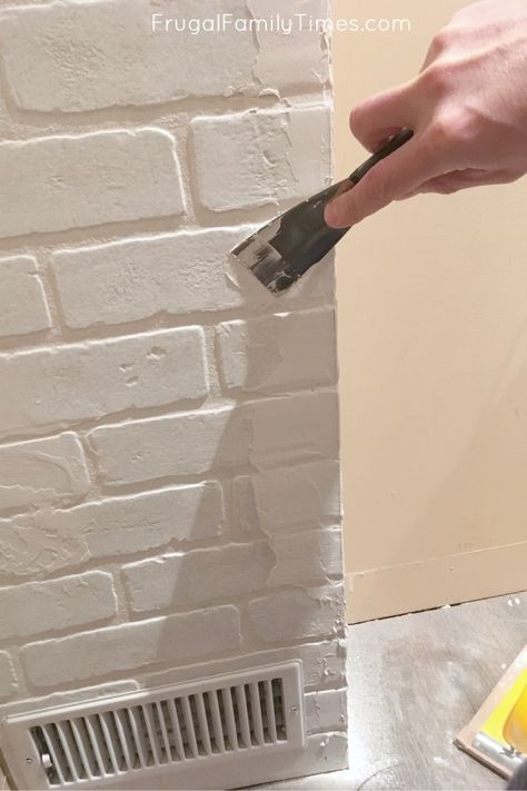 Peel And Stick White Brick Backsplash, How To Make A Brick Wall, How To Paint Faux Brick Wall, Painted Brick Paneling, Brick Paneling Ideas Accent Walls, Fake Brick Fireplace, Painting Faux Brick, Painted Faux Brick Wall, Faux Brick Paneling