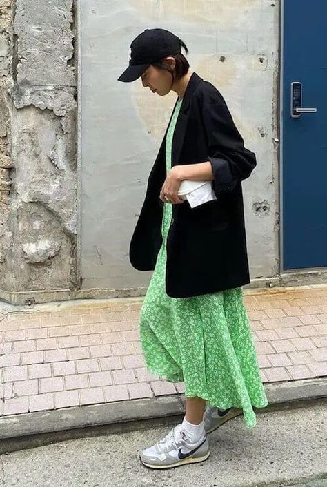 70+ Dress With Sneakers Outfits Ideas [2024]: How To Wear Sneakers With Dresses Satin Dress With Sneakers, Minimal Work Outfit, Sneakers With Dresses, Retro Plaid Dress, Skirts With Sneakers, Paris Outfit Ideas, Dress And Sneakers Outfit, How To Wear Sneakers, Minimal Dress